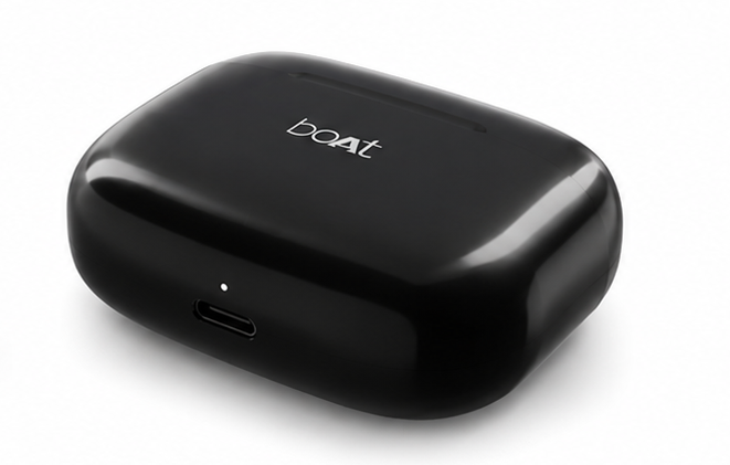 Black wireless earbuds with charging case on a white background, featuring the brand 'boAt'.