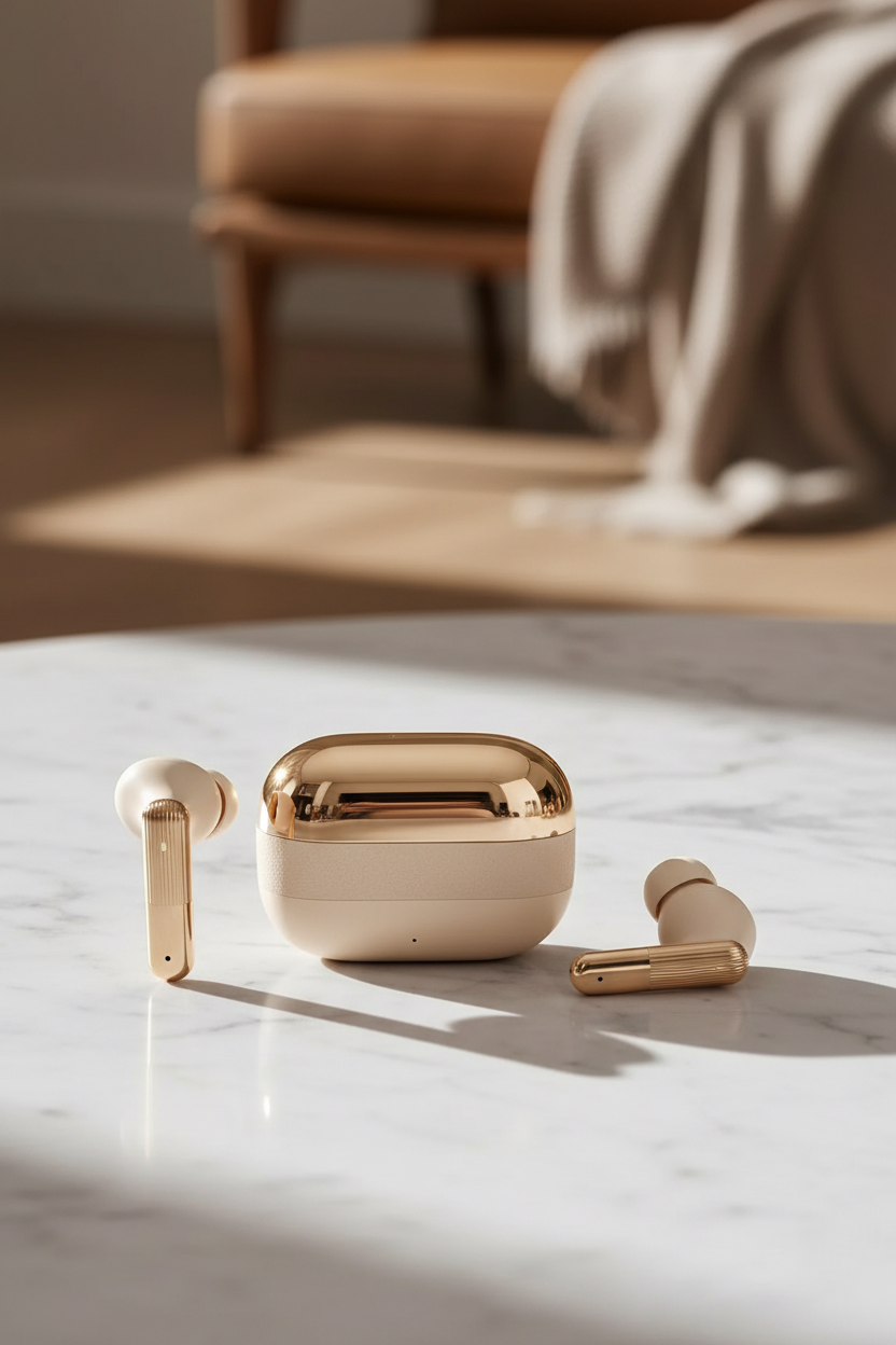 AI Buds Pro gold wireless earbuds on marble surface