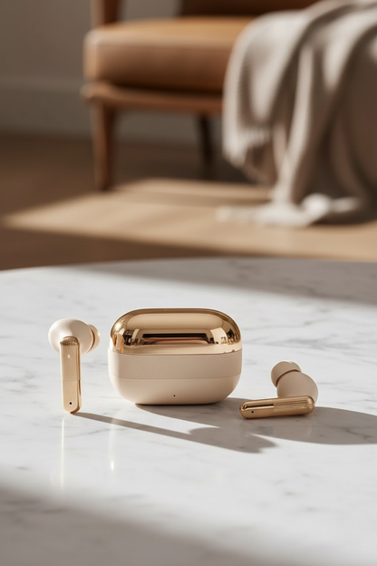 AI Buds Pro gold wireless earbuds on marble surface