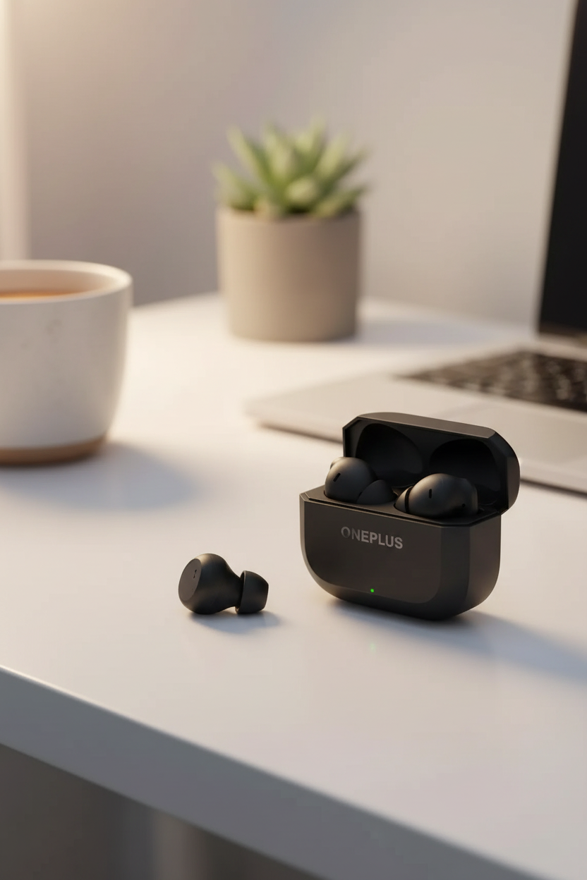 OnePlus Nord Buds 3 black wireless earbuds on minimalist desk lifestyle shot