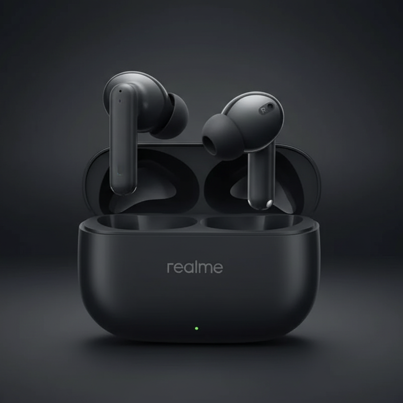 Realme Buds T300 black wireless earbuds floating on dark premium background