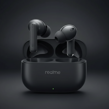 Realme Buds T300 black wireless earbuds floating on dark premium background