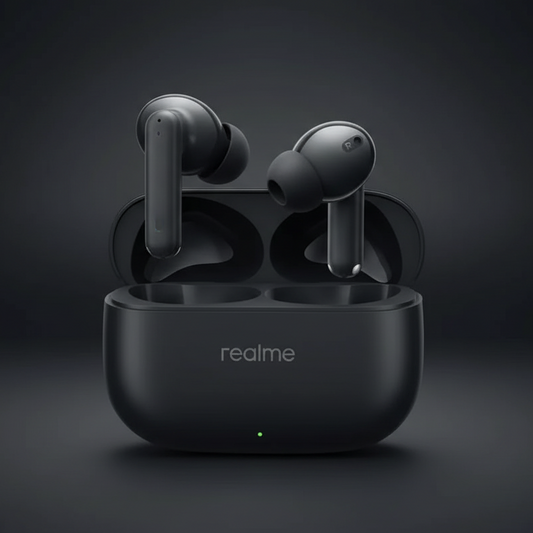Realme Buds T300 black wireless earbuds floating on dark premium background
