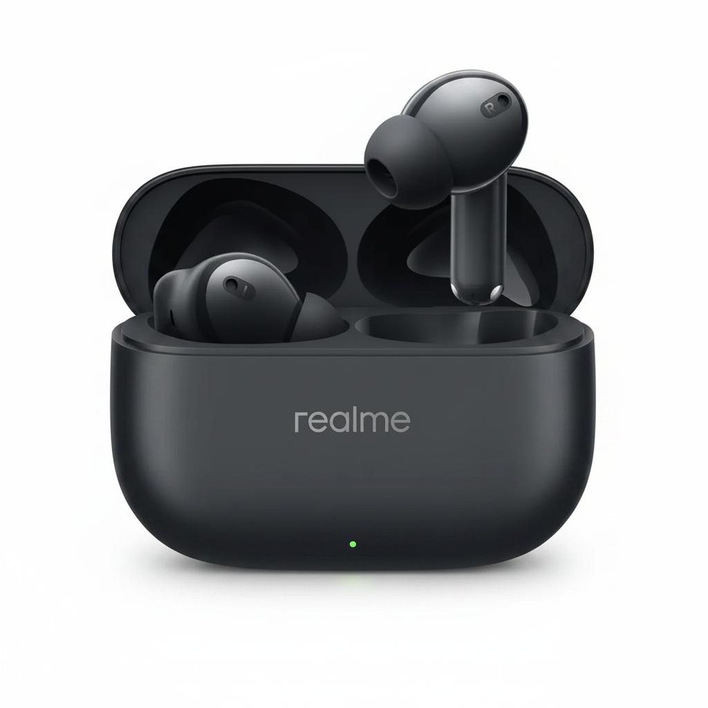 Realme Buds T300 black wireless earbuds with open charging case on white background