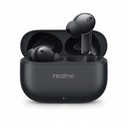 Realme Buds T300 black wireless earbuds with open charging case on white background