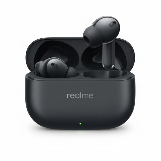 Realme Buds T300 black wireless earbuds with open charging case on white background
