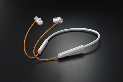 OnePlus Bullets Wireless Z2 ANC white orange neckband earphones on dark premium background