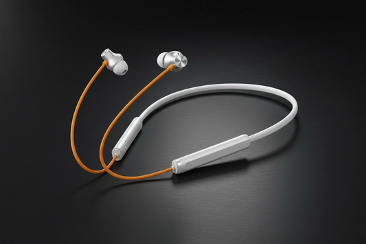 OnePlus Bullets Wireless Z2 ANC white orange neckband earphones on dark premium background