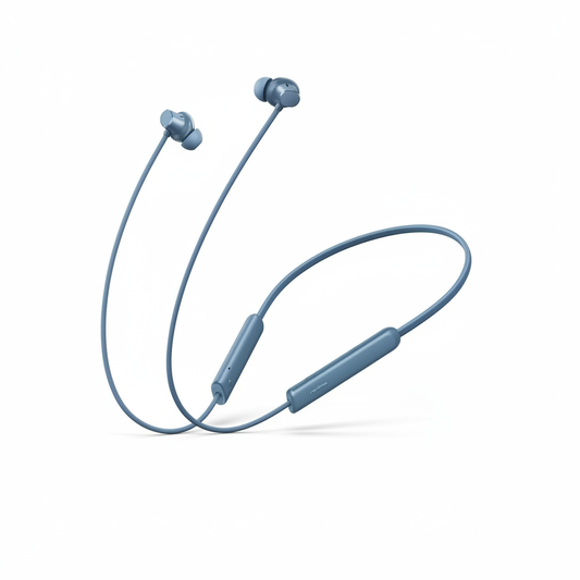 Realme Buds Wireless 3 Neo blue neckband earphones on white background