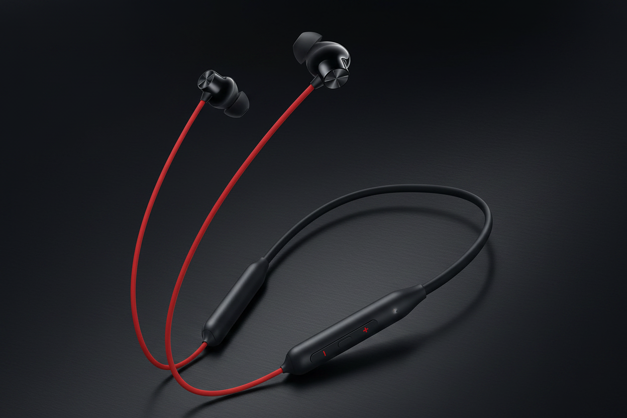OnePlus E305A red and black neckband earphones on dark premium background