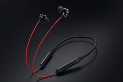 OnePlus E305A red and black neckband earphones on dark premium background