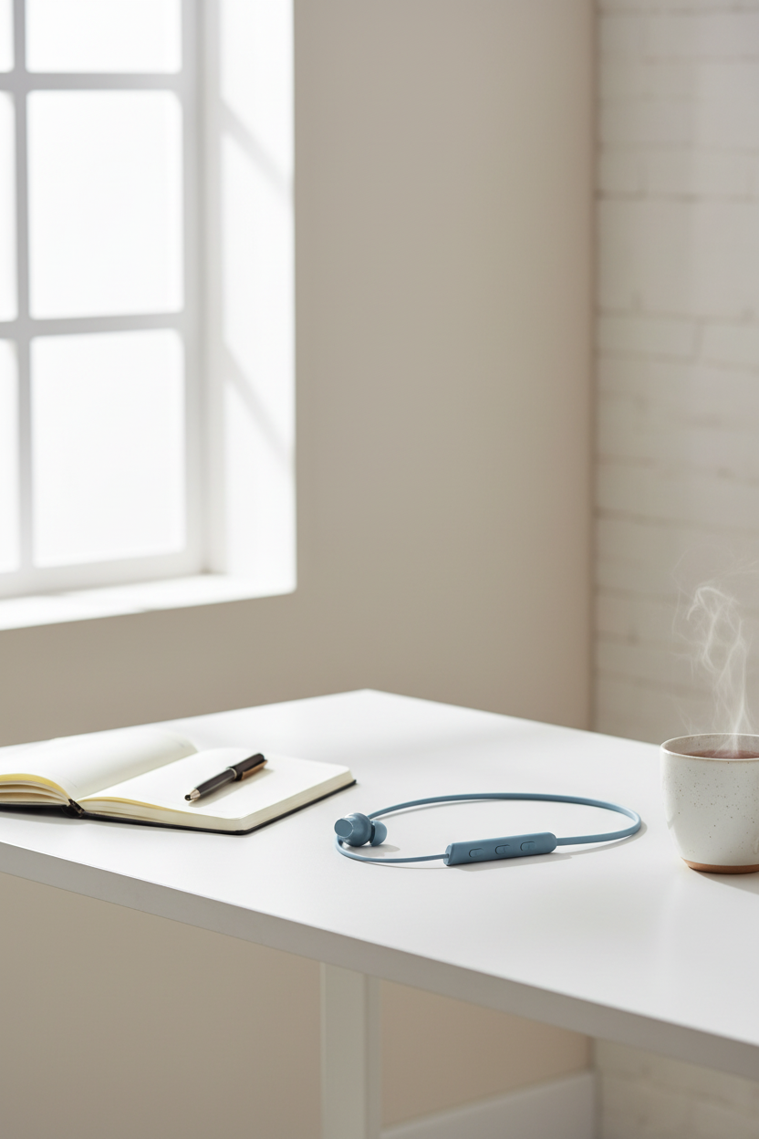 Realme Buds Wireless 3 Neo blue neckband earphones on minimalist desk lifestyle shot