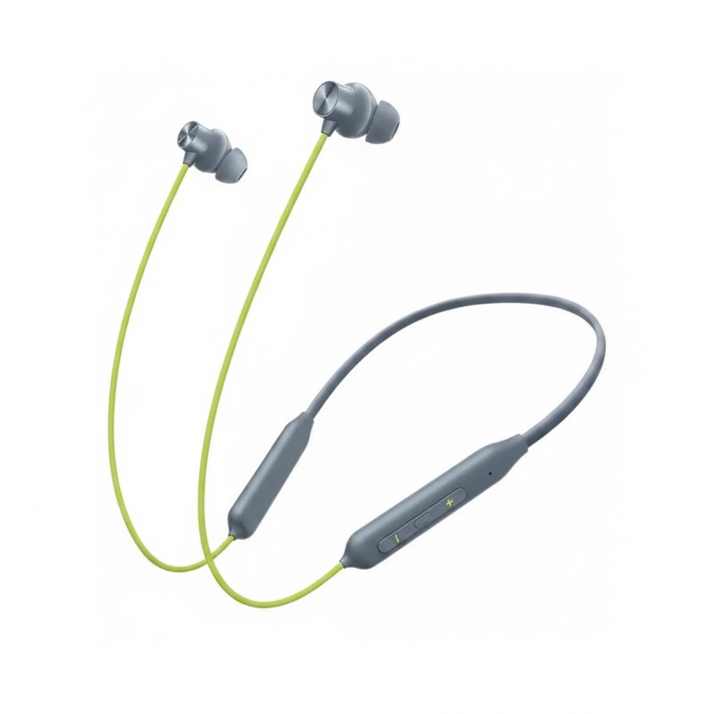 OnePlus Bullets Wireless Z grey lime green neckband earphones on white background