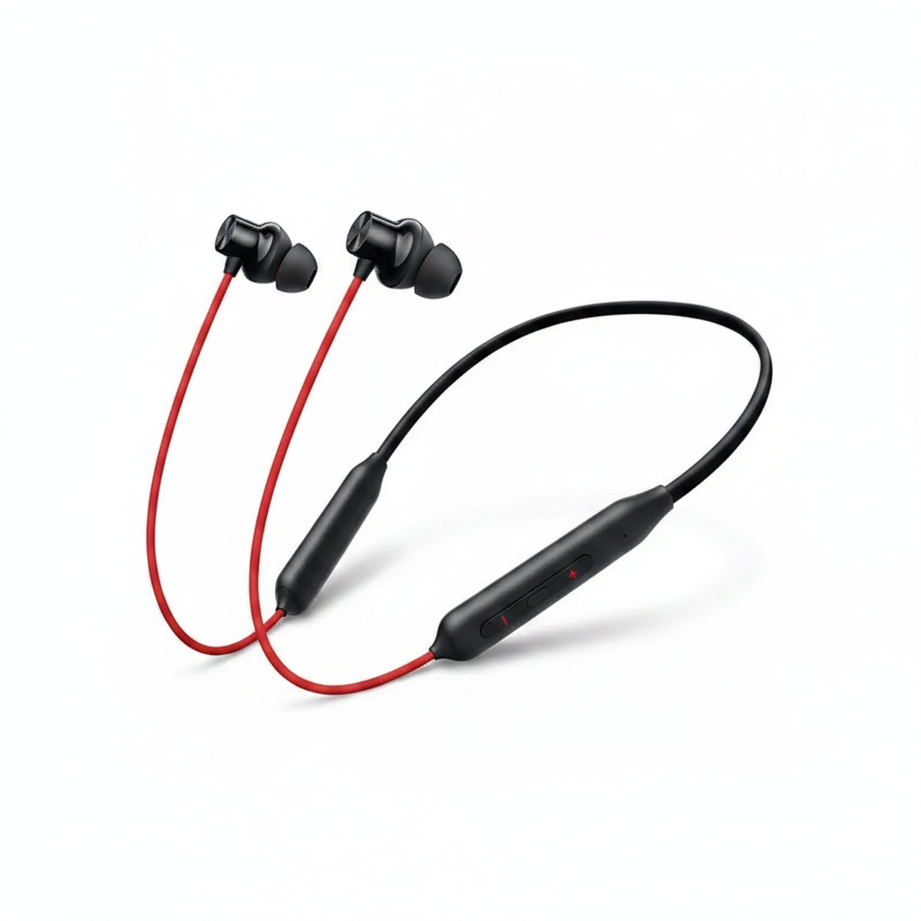 OnePlus E305A red and black neckband bluetooth earphones on white background