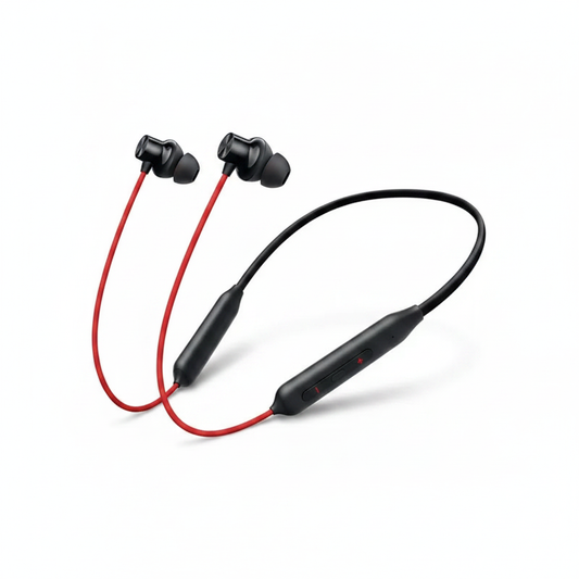 OnePlus E305A red and black neckband bluetooth earphones on white background