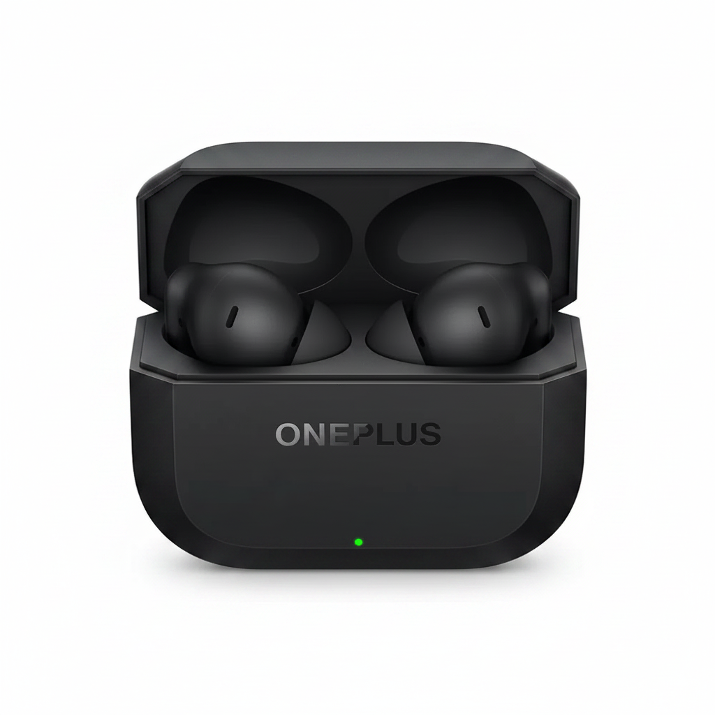 OnePlus Nord Buds 3 black wireless earbuds in open charging case on white background