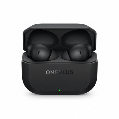 OnePlus Nord Buds 3 black wireless earbuds in open charging case on white background