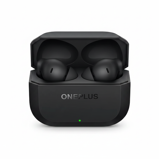 OnePlus Nord Buds 3 black wireless earbuds in open charging case on white background