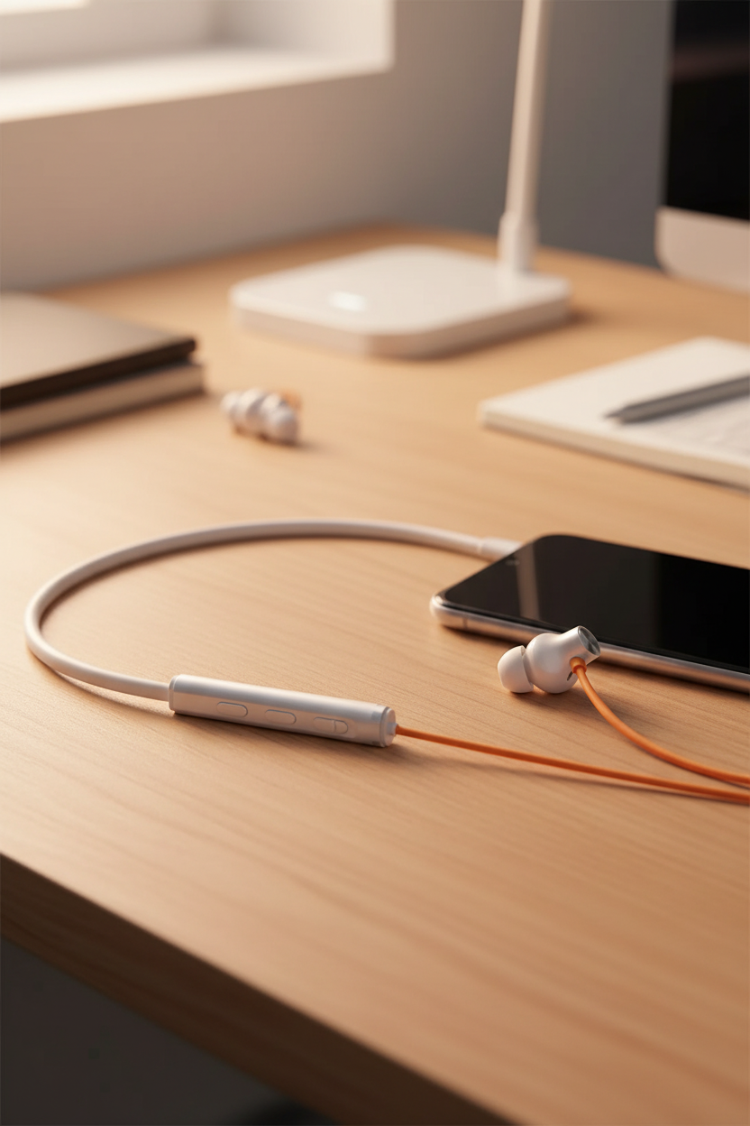 OnePlus Bullets Wireless Z2 ANC white orange neckband earphones lifestyle shot on wooden desk