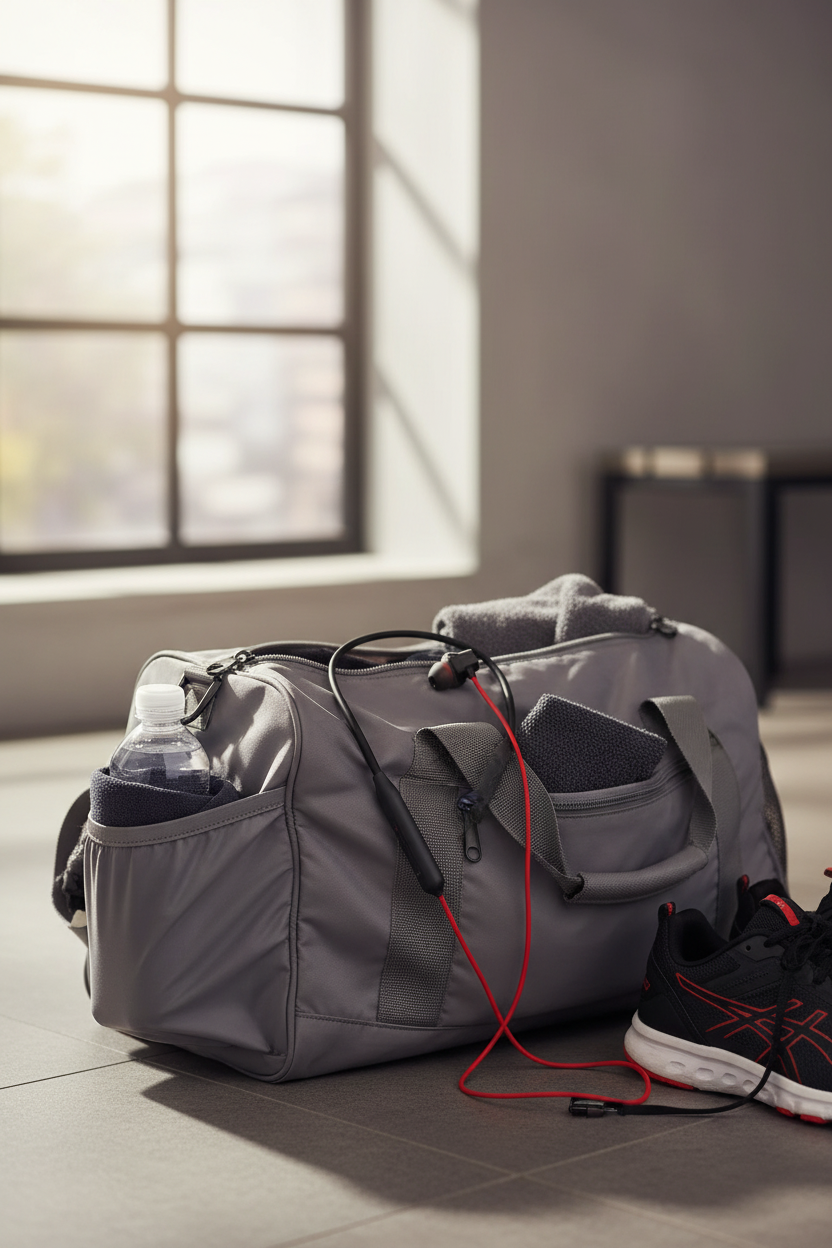 OnePlus E305A neckband earphones sporty lifestyle shot on gym bag