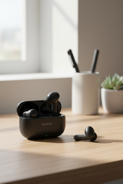 Realme Buds T300 black wireless earbuds on wooden desk lifestyle shot