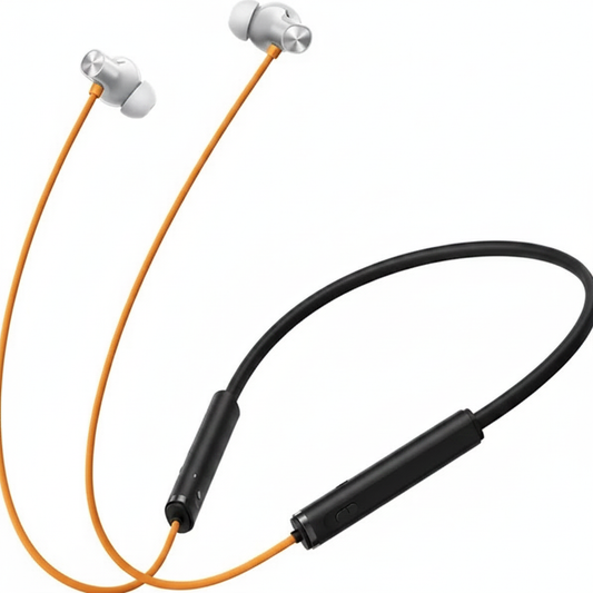 OnePlus Bullets Wireless Z2 ANC white orange neckband earphones on white background