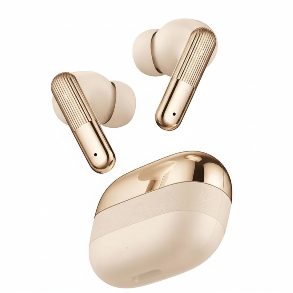 AI Buds Pro gold wireless earbuds with charging case on white background