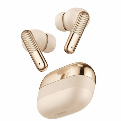 AI Buds Pro gold wireless earbuds with charging case on white background