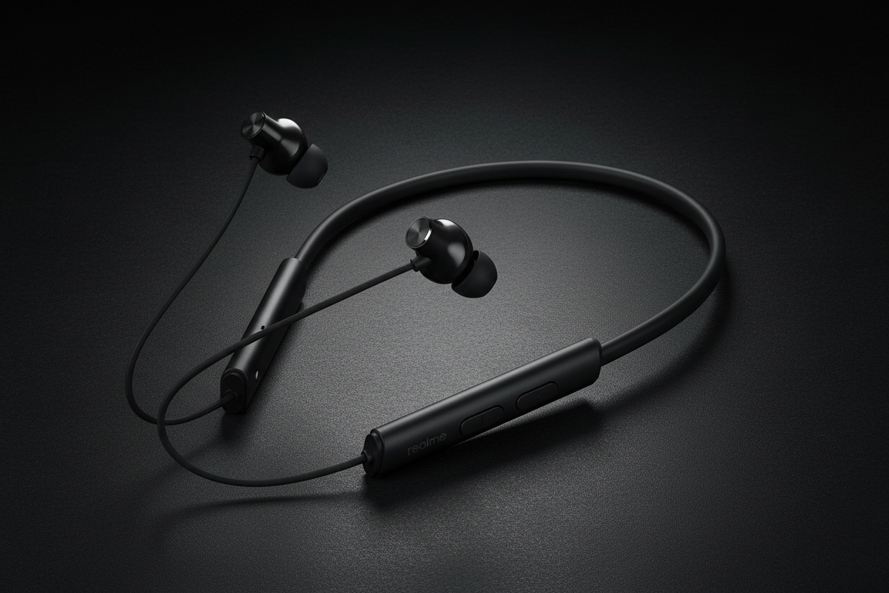 Realme black neckband earphones on dark premium studio background