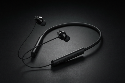 Realme black neckband earphones on dark premium studio background