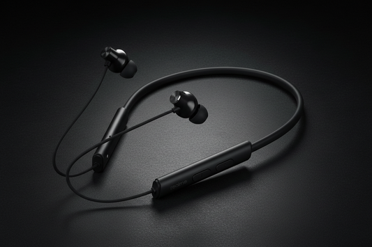 Realme black neckband earphones on dark premium studio background