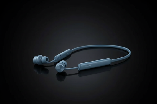 Realme Buds Wireless 3 Neo blue neckband earphones on dark premium background