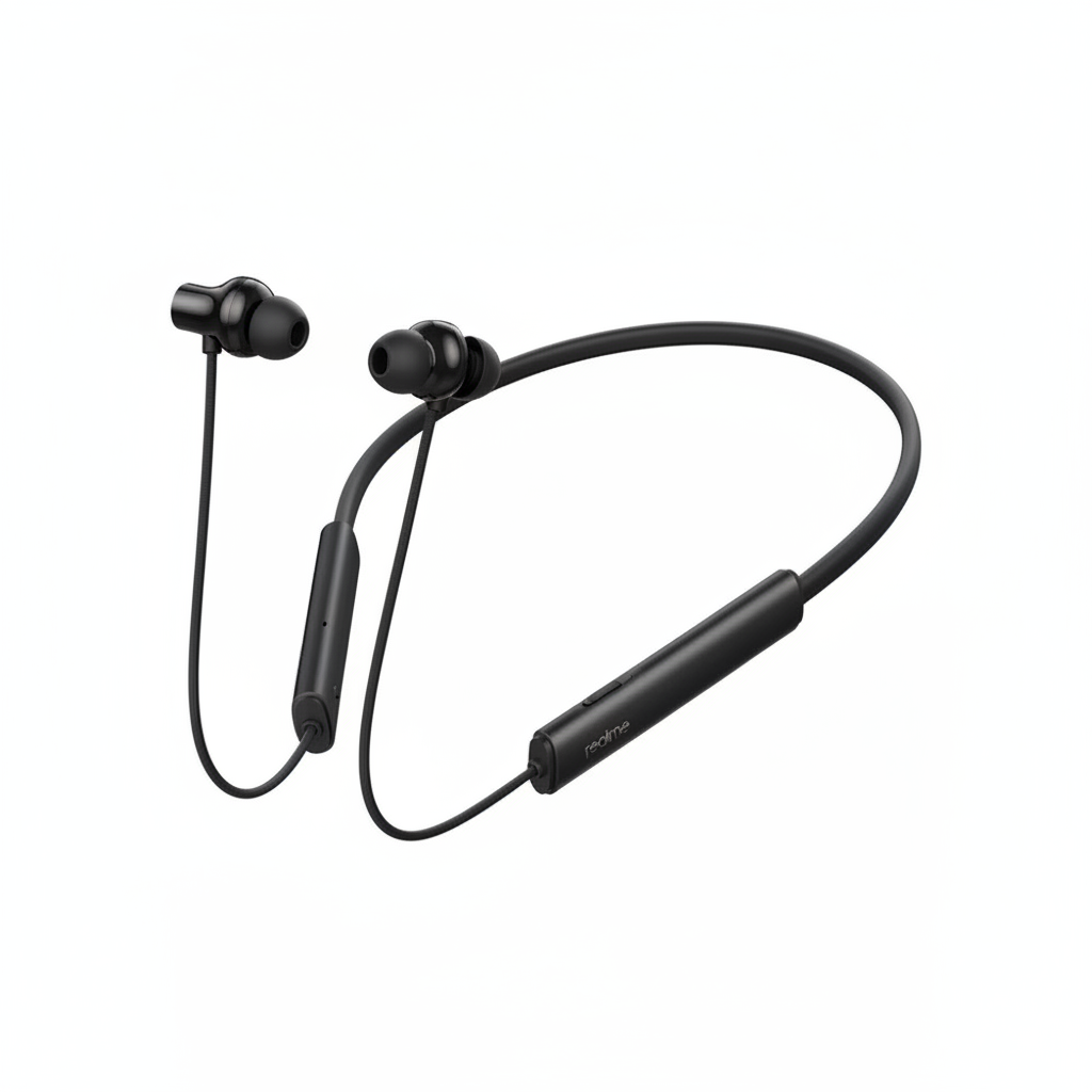 Realme black neckband bluetooth earphones on white background