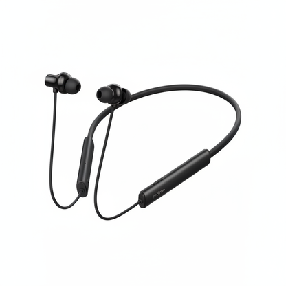 Realme black neckband bluetooth earphones on white background