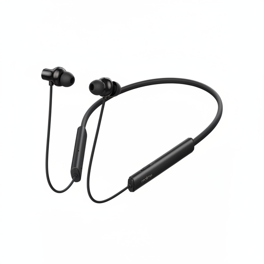 Realme black neckband bluetooth earphones on white background