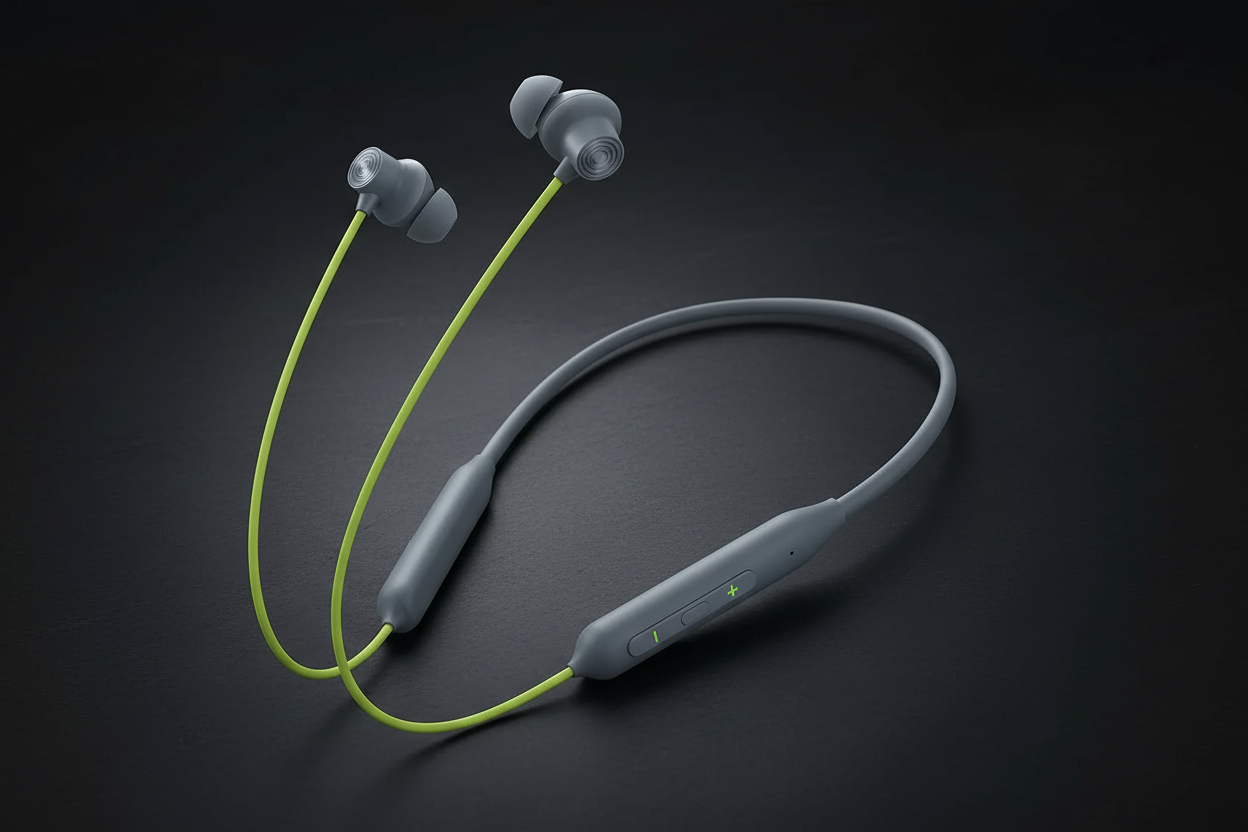 OnePlus Bullets Wireless Z grey lime green neckband earphones on dark premium background