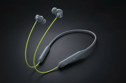 OnePlus Bullets Wireless Z grey lime green neckband earphones on dark premium background