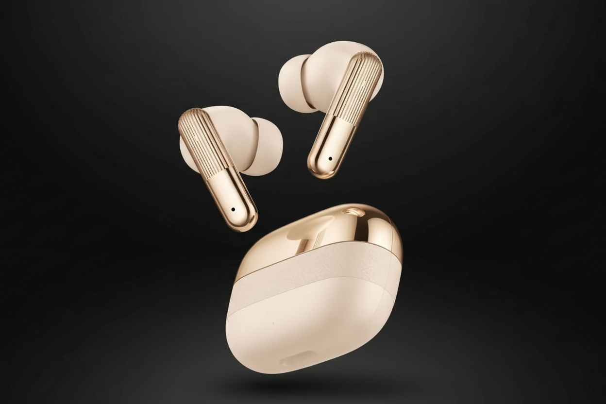 AI Buds Pro gold wireless earbuds floating on dark background