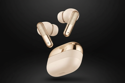 AI Buds Pro gold wireless earbuds floating on dark background